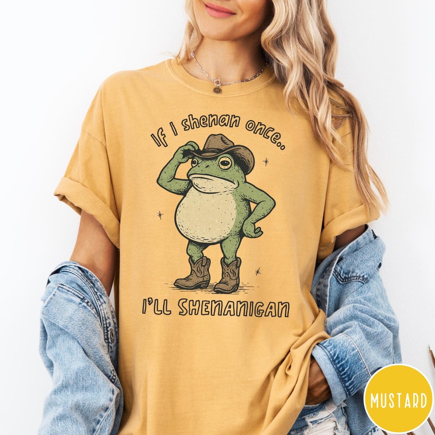 Comfort Colors tee in Mustard featuring western style graphic of a frog wearing a cowboy hat and boots
