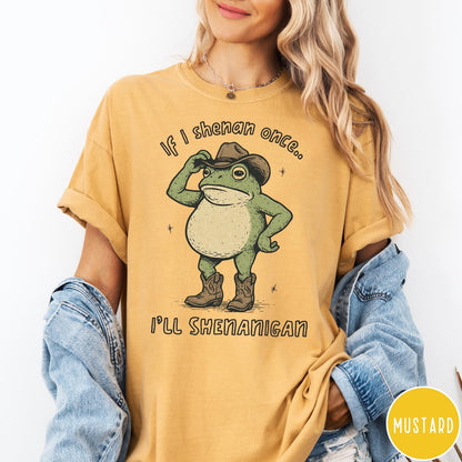 Comfort Colors tee in Mustard featuring western style graphic of a frog wearing a cowboy hat and boots