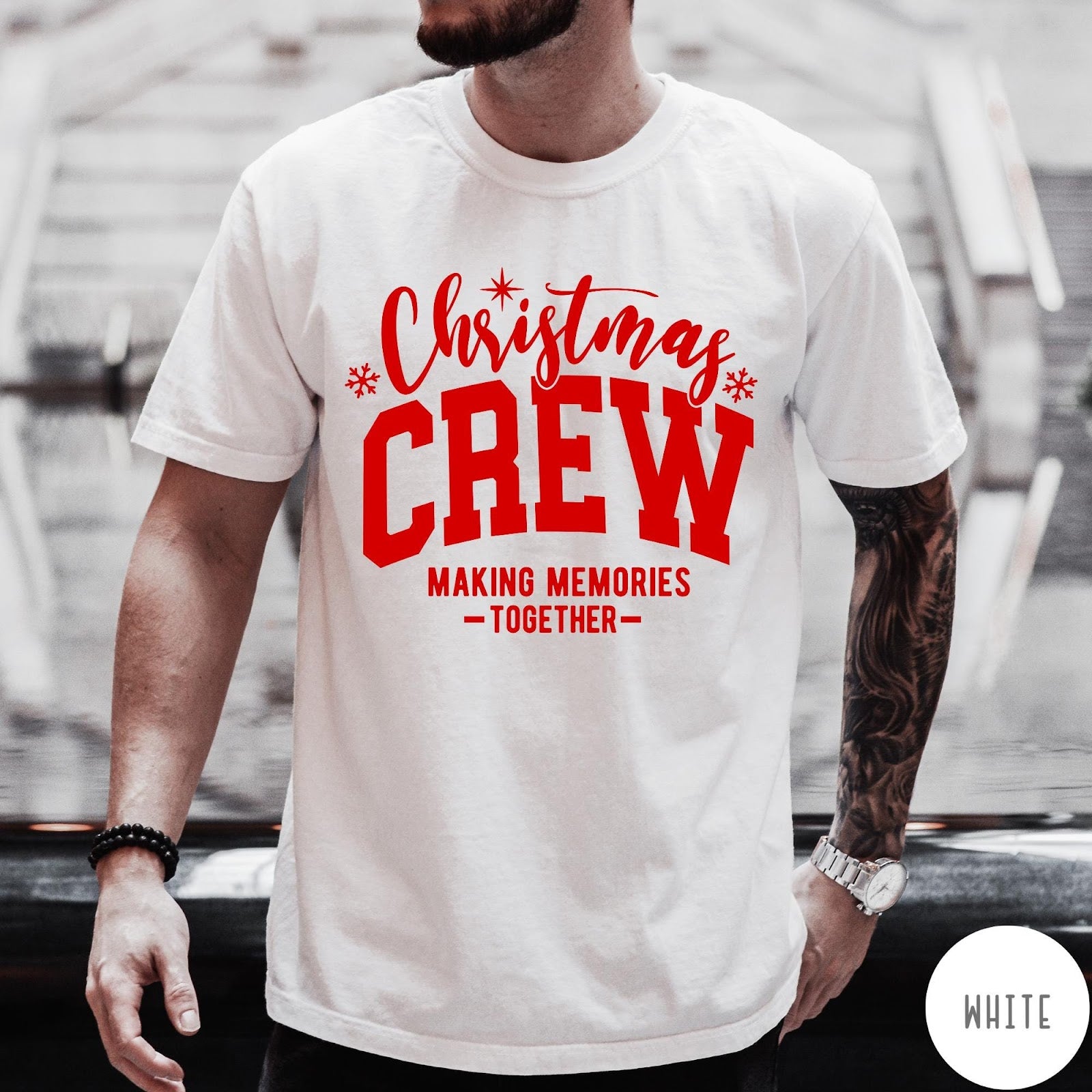 Comfort Colors tee in White featuring Christmas family gathering graphic with text Christmas Crew Making Memories Together