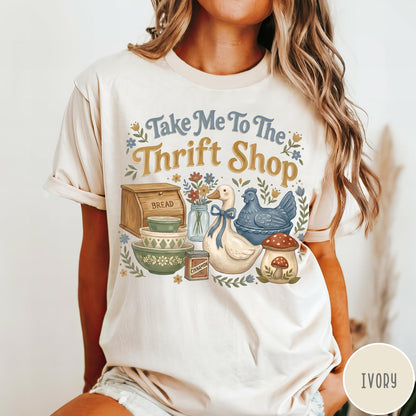 Comfort Colors tee in Ivory featuring vintage kitchenware graphic with a duck, bread box, and mushrooms.