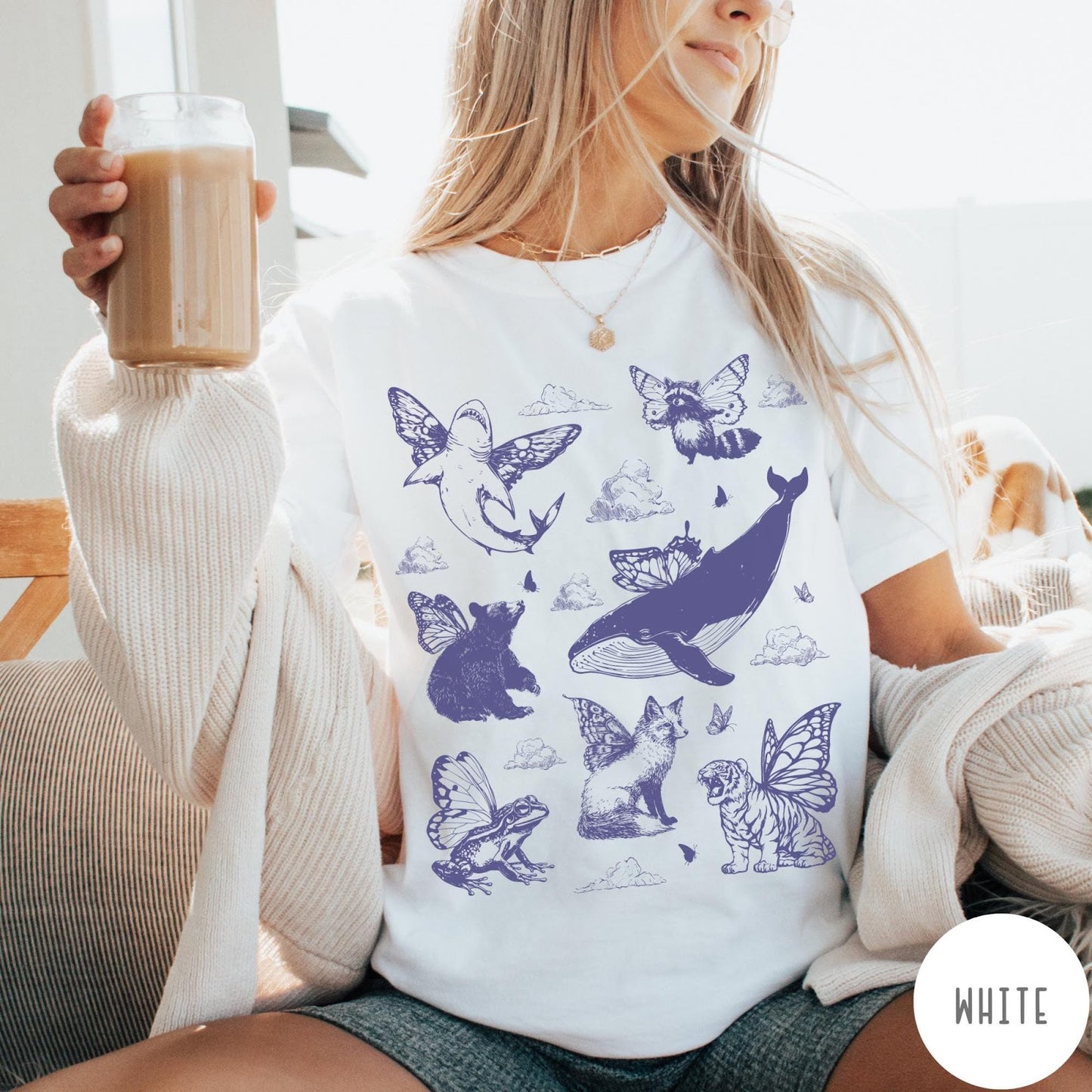 Comfort Colors tee in White featuring vintage style graphic of various animals with butterfly wings and clouds