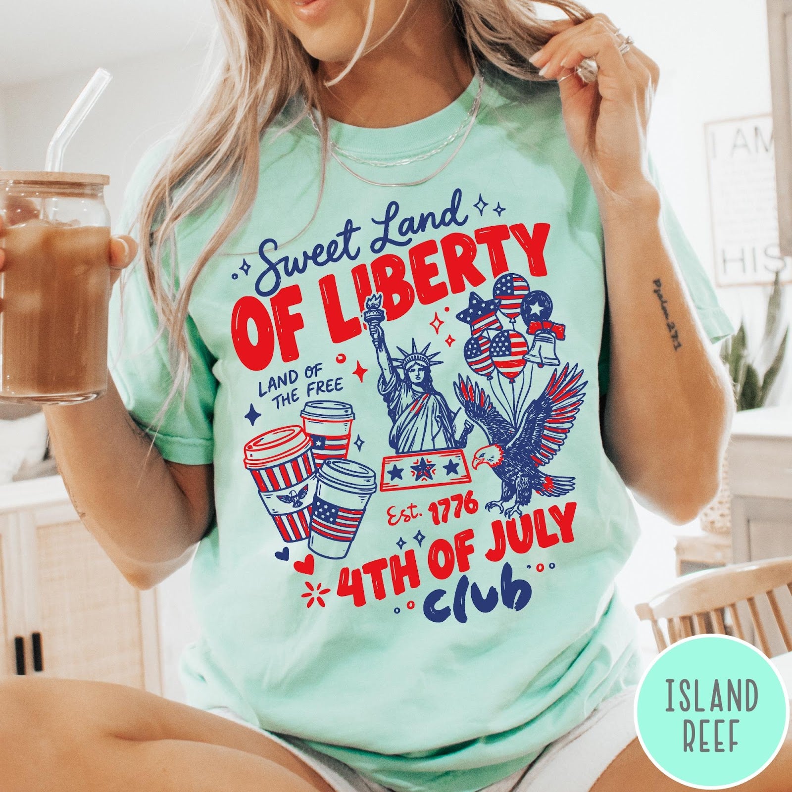 Comfort Colors tee in Island Reef featuring 4th of July celebration graphic with Statue of Liberty and eagle