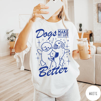 Comfort Colors tee in White featuring line art graphic of two dogs dancing with stars and text