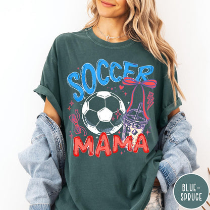 Comfort Colors tee in Blue Spruce featuring soccer design with a soccer ball and iced coffee graphic