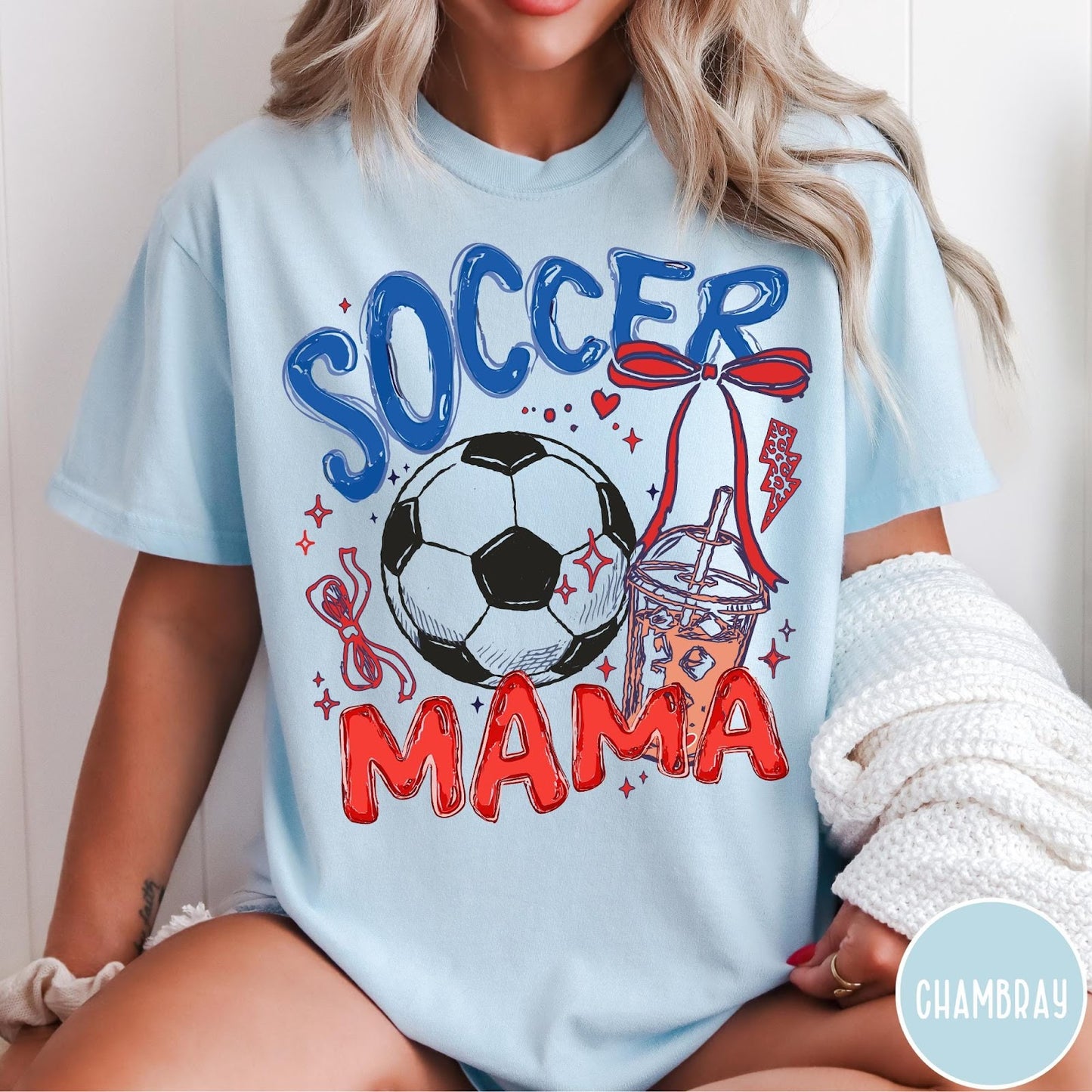Comfort Colors tee in Chambray featuring soccer graphic with a soccer ball, iced coffee, and red bow