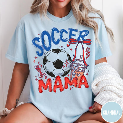 Comfort Colors tee in Chambray featuring soccer graphic with a soccer ball, iced coffee, and red bow