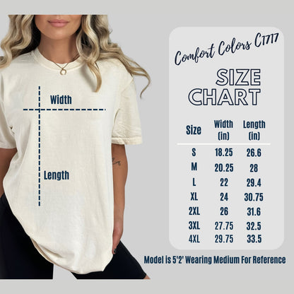 Comfort Colors tee size chart showing width and length measurements for sizes S through 4XL