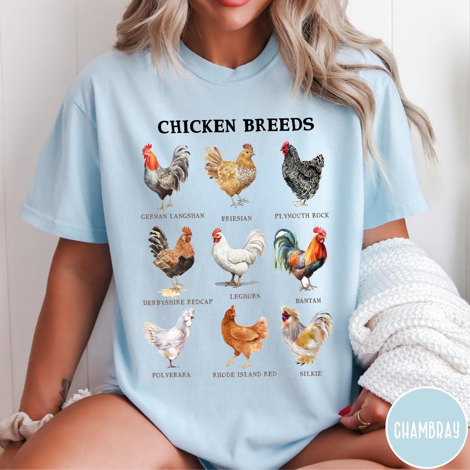 Comfort Colors tee in Chambray featuring vintage style graphic illustration of nine different chicken breeds with labels
