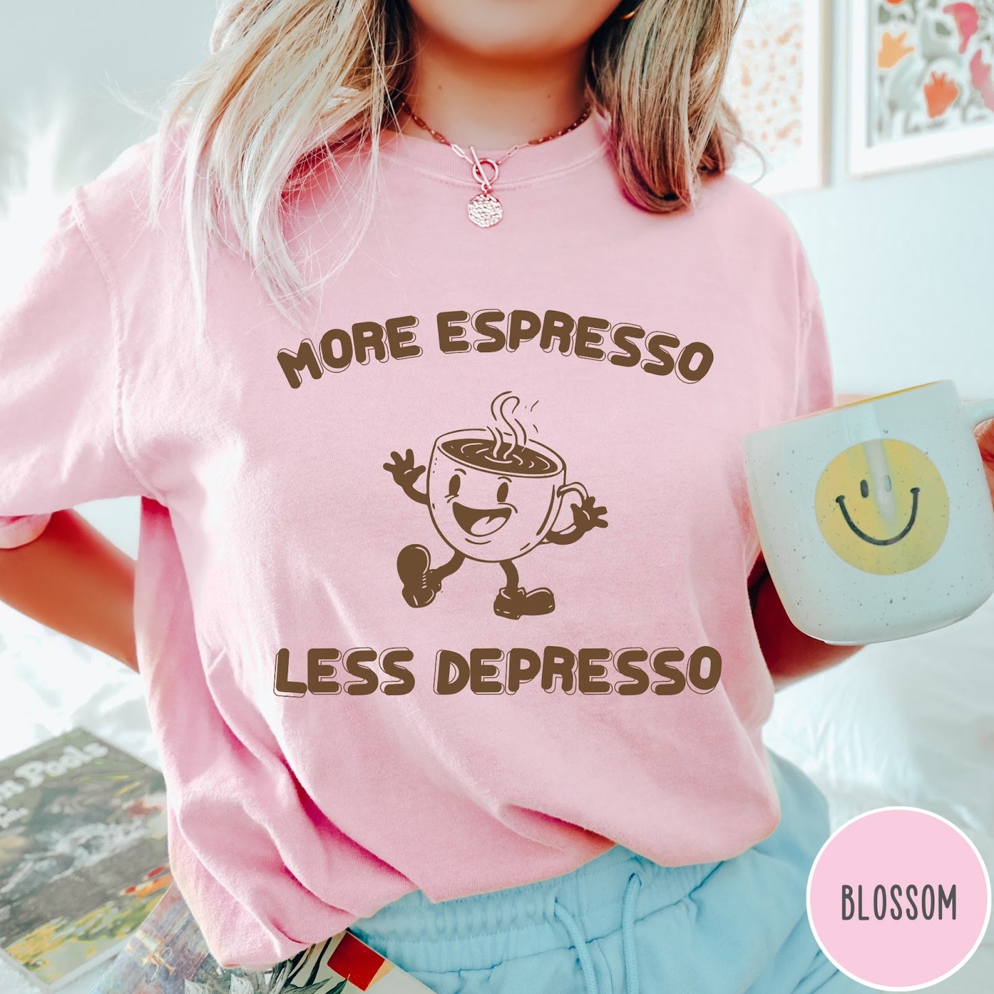 Comfort Colors tee in Blossom featuring retro style graphic of a happy coffee cup with text