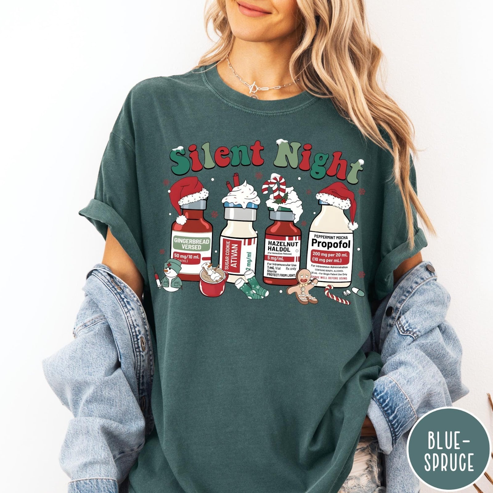 Comfort Colors tee in Blue Spruce featuring holiday medical design with vials decorated as festive holiday treats