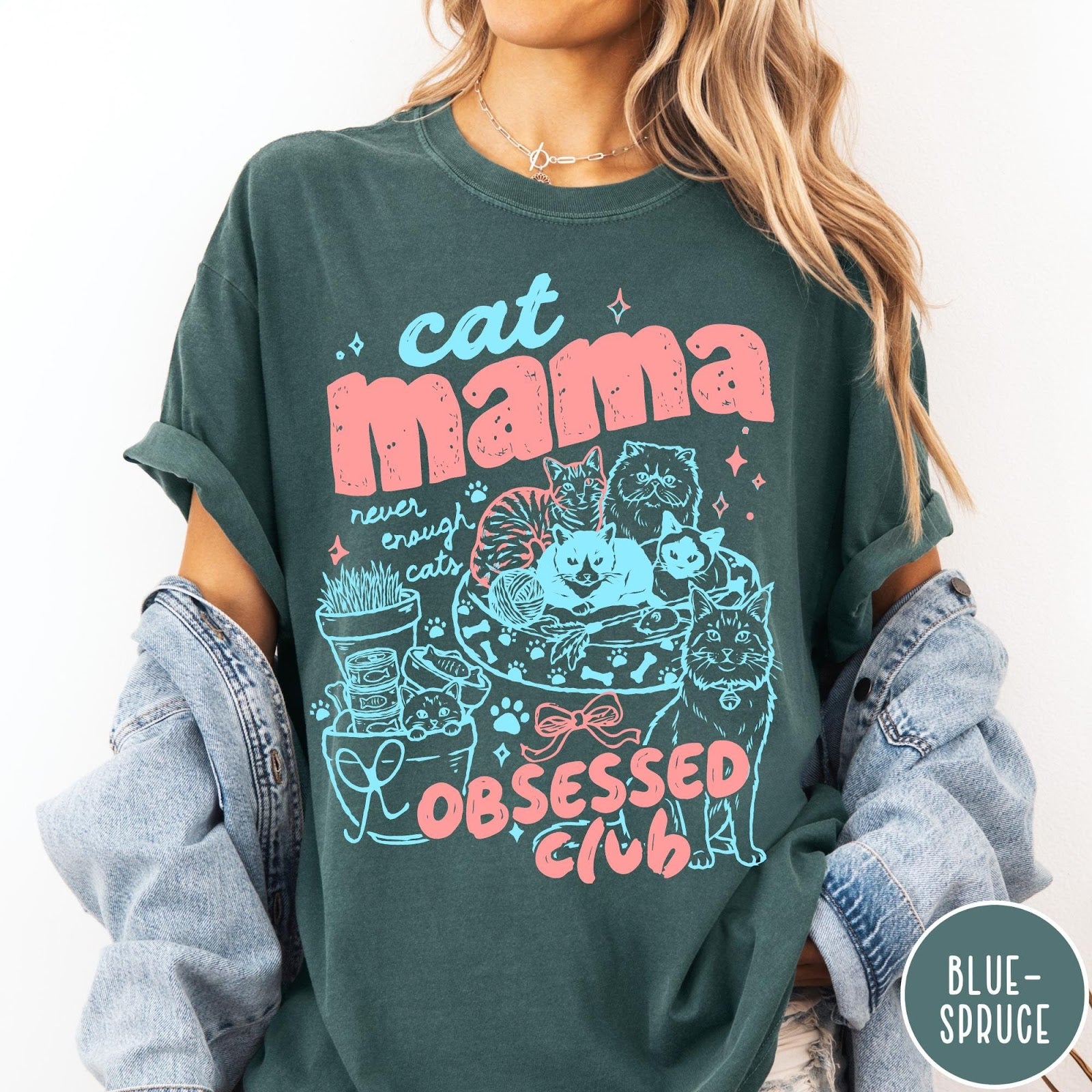 Comfort Colors tee in Blue Spruce featuring cat mama club graphic with multiple cats and pink blue ink
