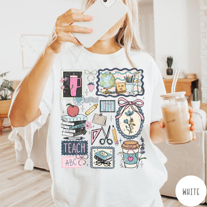 Comfort Colors tee in White featuring collage style graphic with school supplies and teacher life themed illustrations