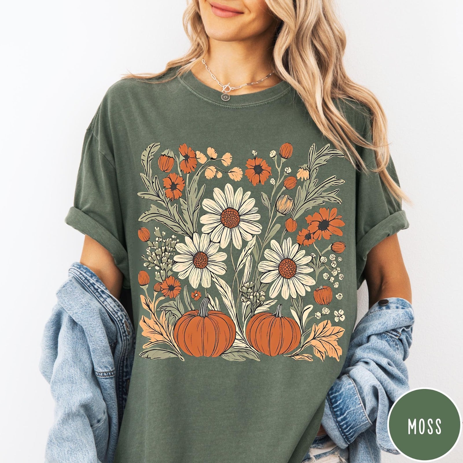 Comfort Colors tee in Moss featuring boho floral design with pumpkins and daisies in fall colors