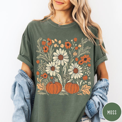 Comfort Colors tee in Moss featuring boho floral design with pumpkins and daisies in fall colors