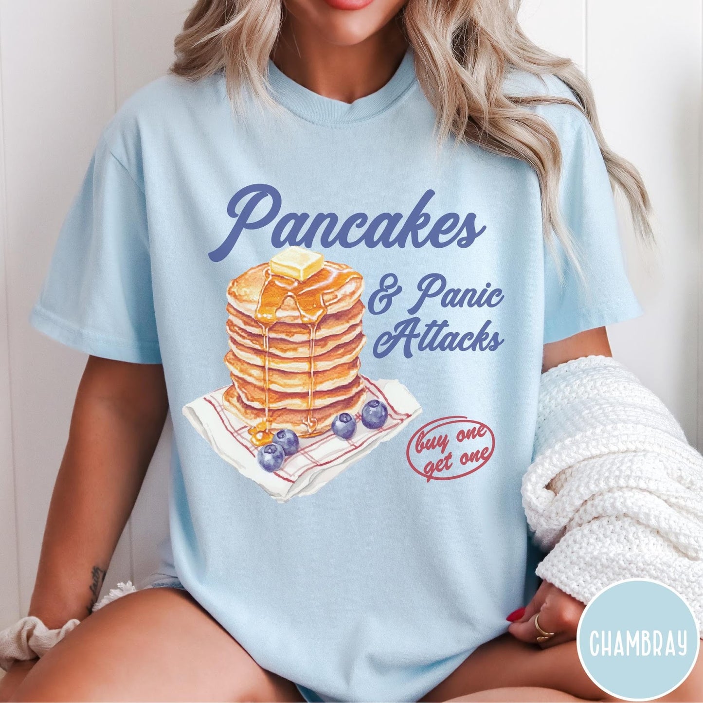 Comfort Colors tee in Chambray featuring watercolor style graphic of a stack of pancakes with blueberries and syrup