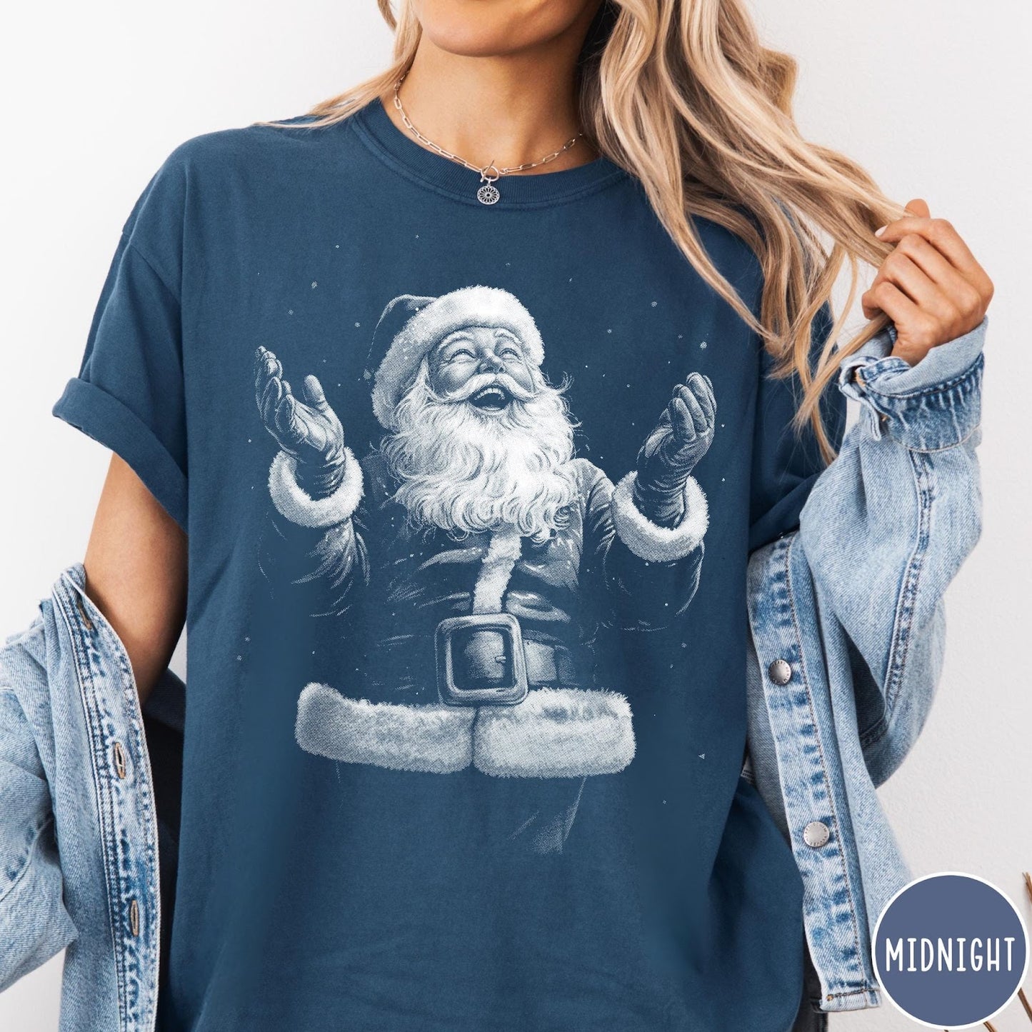 Comfort Colors tee in Midnight featuring vintage style graphic of a laughing Santa Claus with open arms