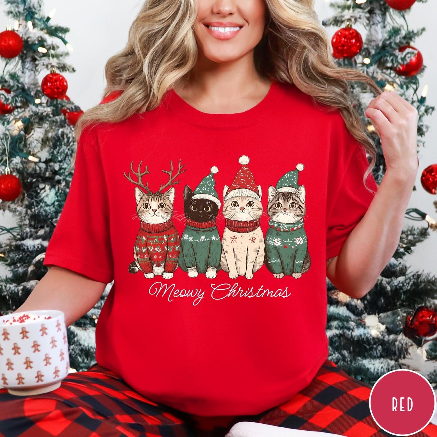 Comfort Colors tee in Red featuring holiday graphic of four cats wearing Christmas sweaters and hats