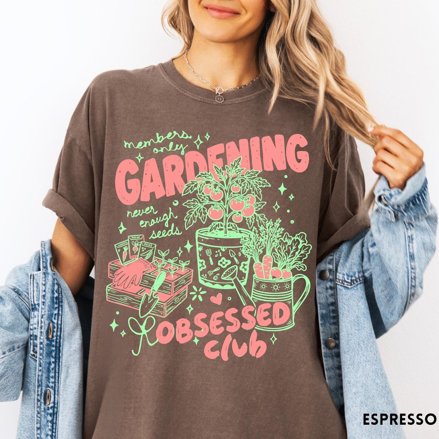 Comfort Colors tee in Espresso featuring retro graphic gardening design with plants, tools, and seeds