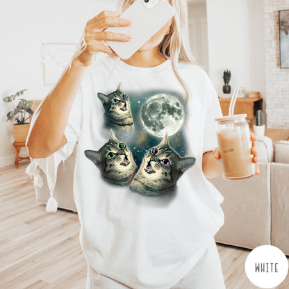 Comfort Colors tee in White featuring retro design with three cats looking up at the moon