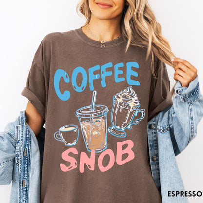 Comfort Colors tee in Espresso featuring coffee themed graphic with iced coffee, espresso, and whipped cream drinks