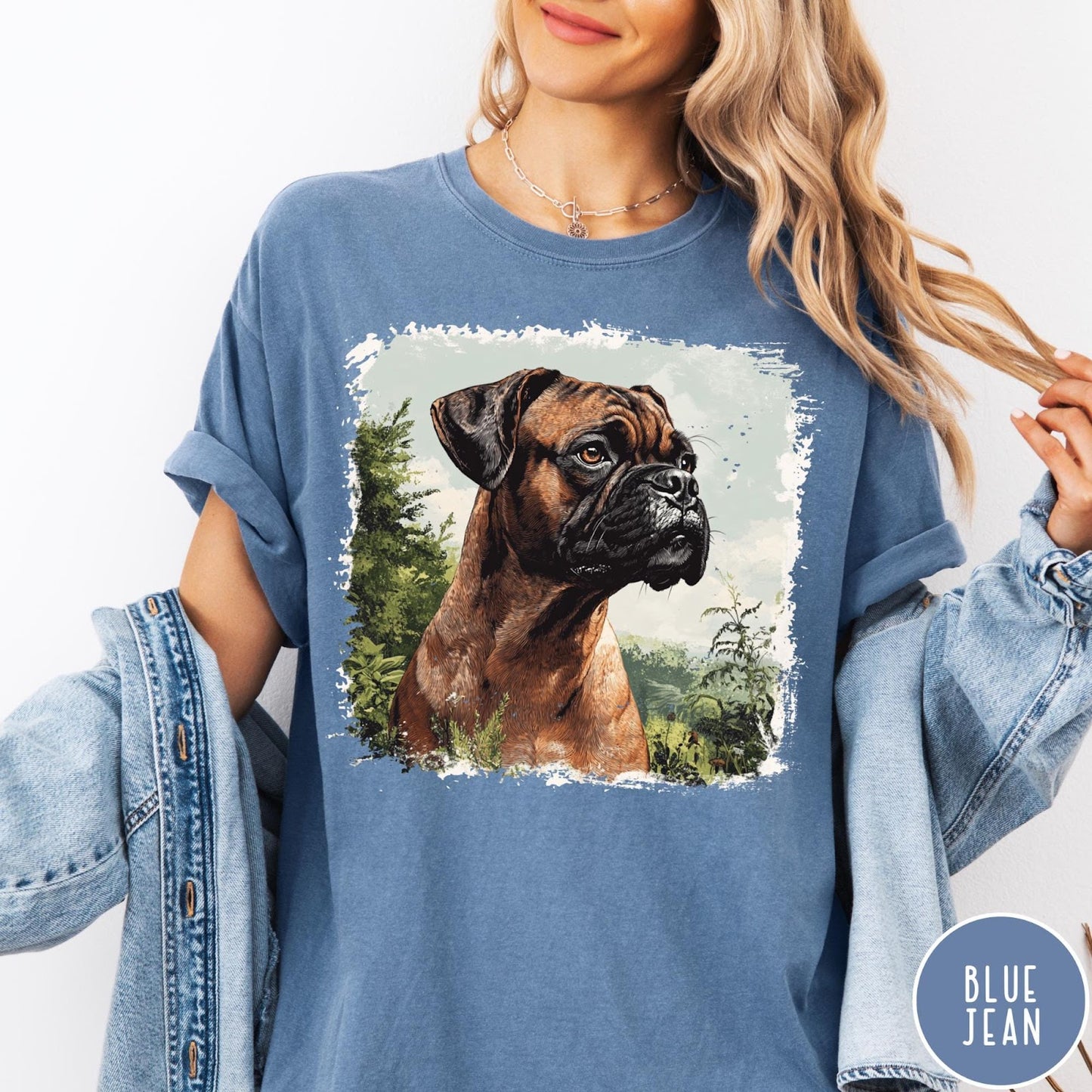 Comfort Colors tee in Blue Jean featuring vintage style graphic of a detailed Boxer dog portrait