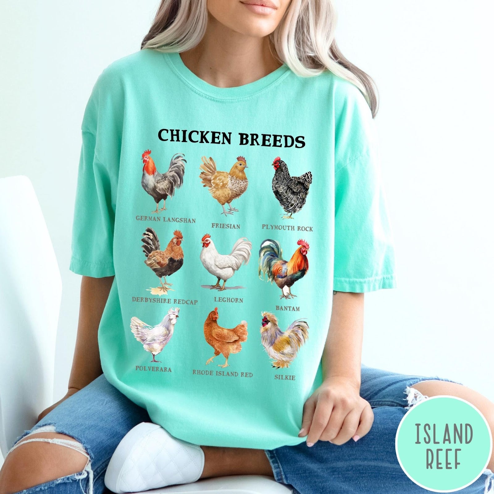 Comfort Colors tee in Island Reef featuring vintage style graphic illustration of nine different chicken breeds with labels