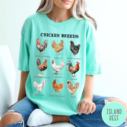 Comfort Colors tee in Island Reef featuring vintage style graphic illustration of nine different chicken breeds with labels