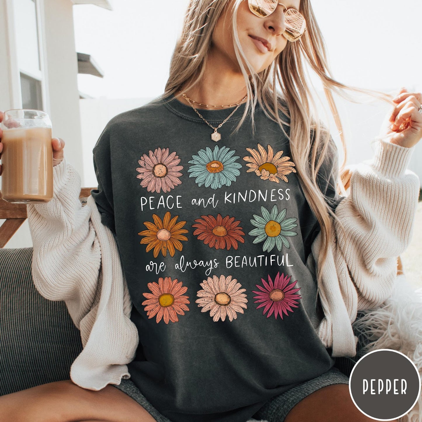 Comfort Colors tee in Pepper featuring floral style graphic with daisies and text Peace and Kindness are always beautiful