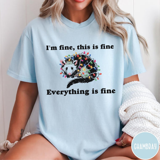 Comfort Colors tee in Chambray featuring graphic illustration of an opossum tangled in colorful Christmas lights