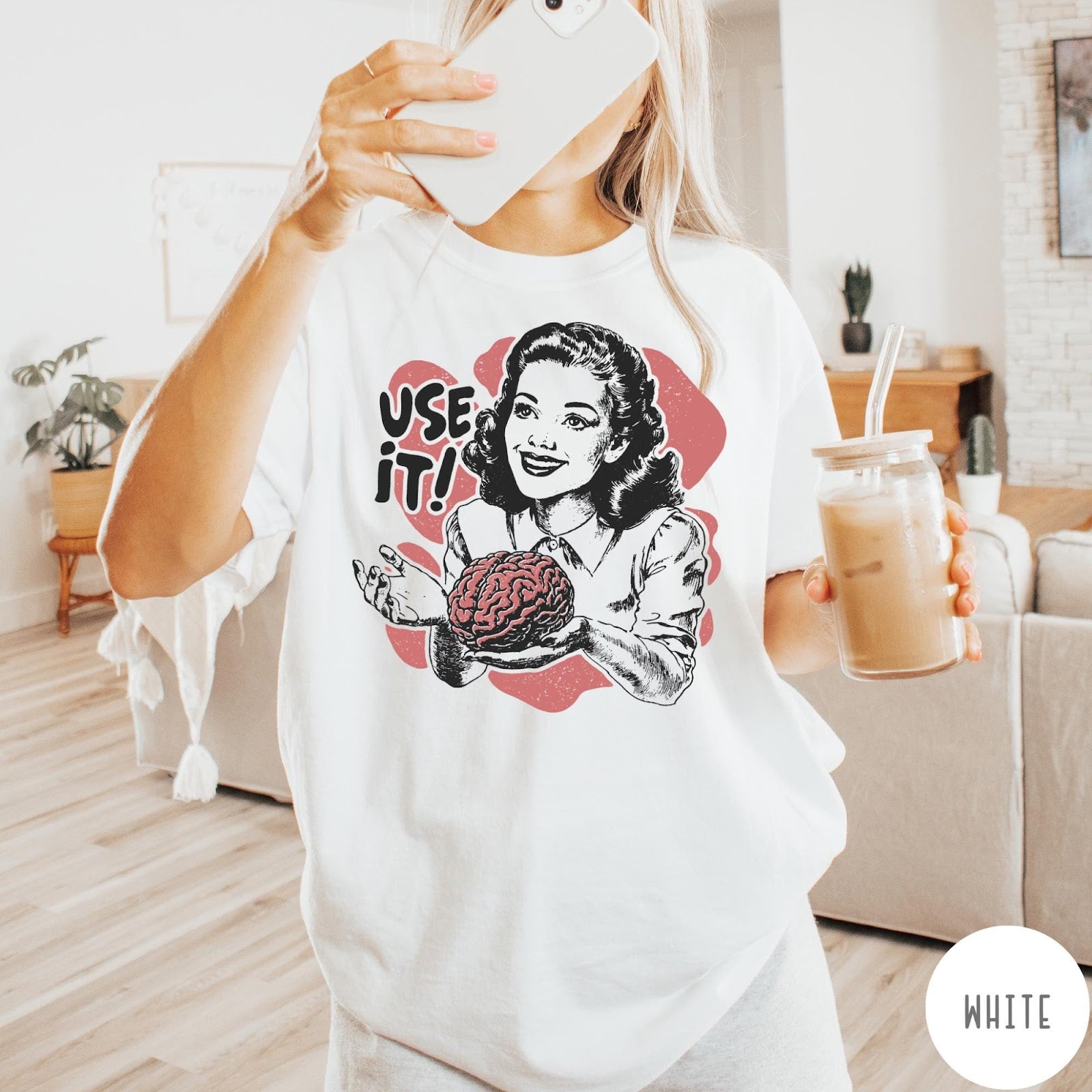 Comfort Colors tee in White featuring retro design of a woman holding a brain with text Use It