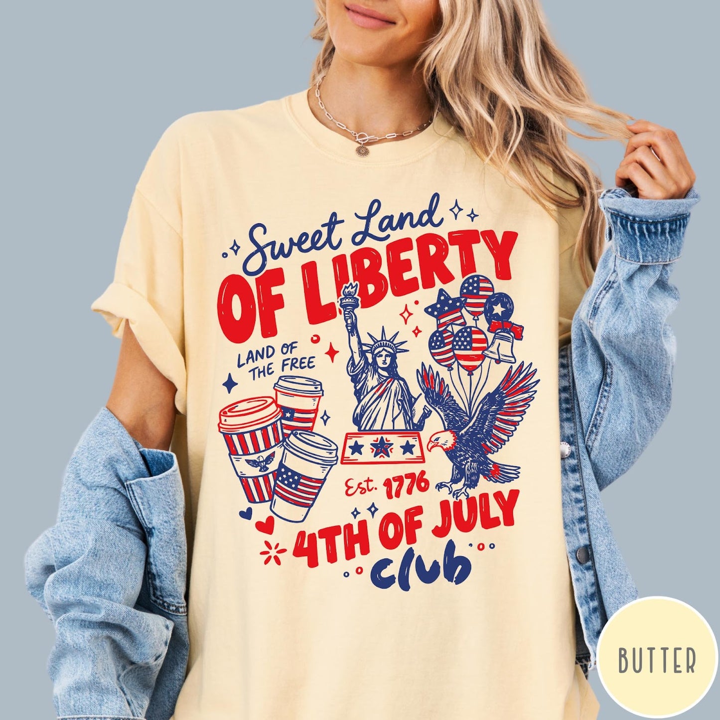 Comfort Colors tee in Butter featuring patriotic 4th of July graphic with Statue of Liberty and eagle