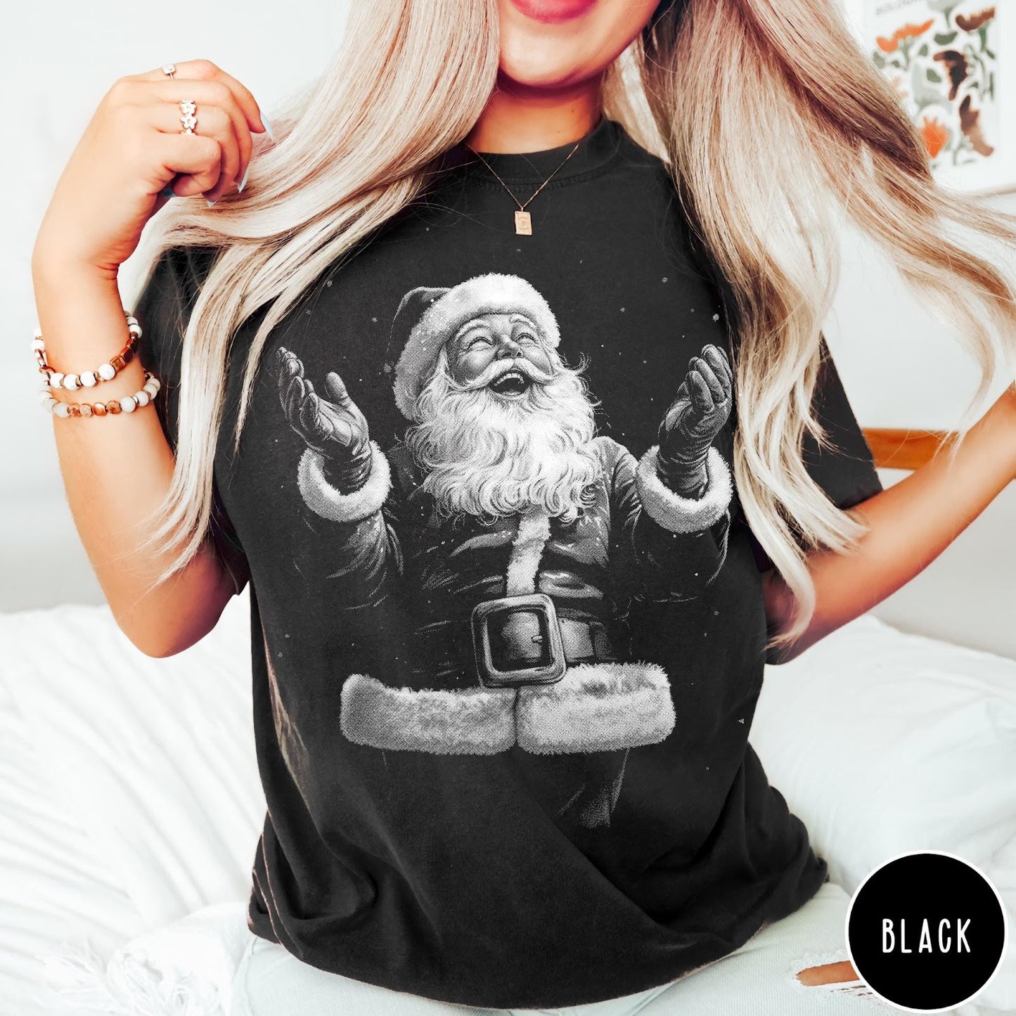 Comfort Colors tee in Black featuring vintage style graphic of a joyful Santa Claus with open arms