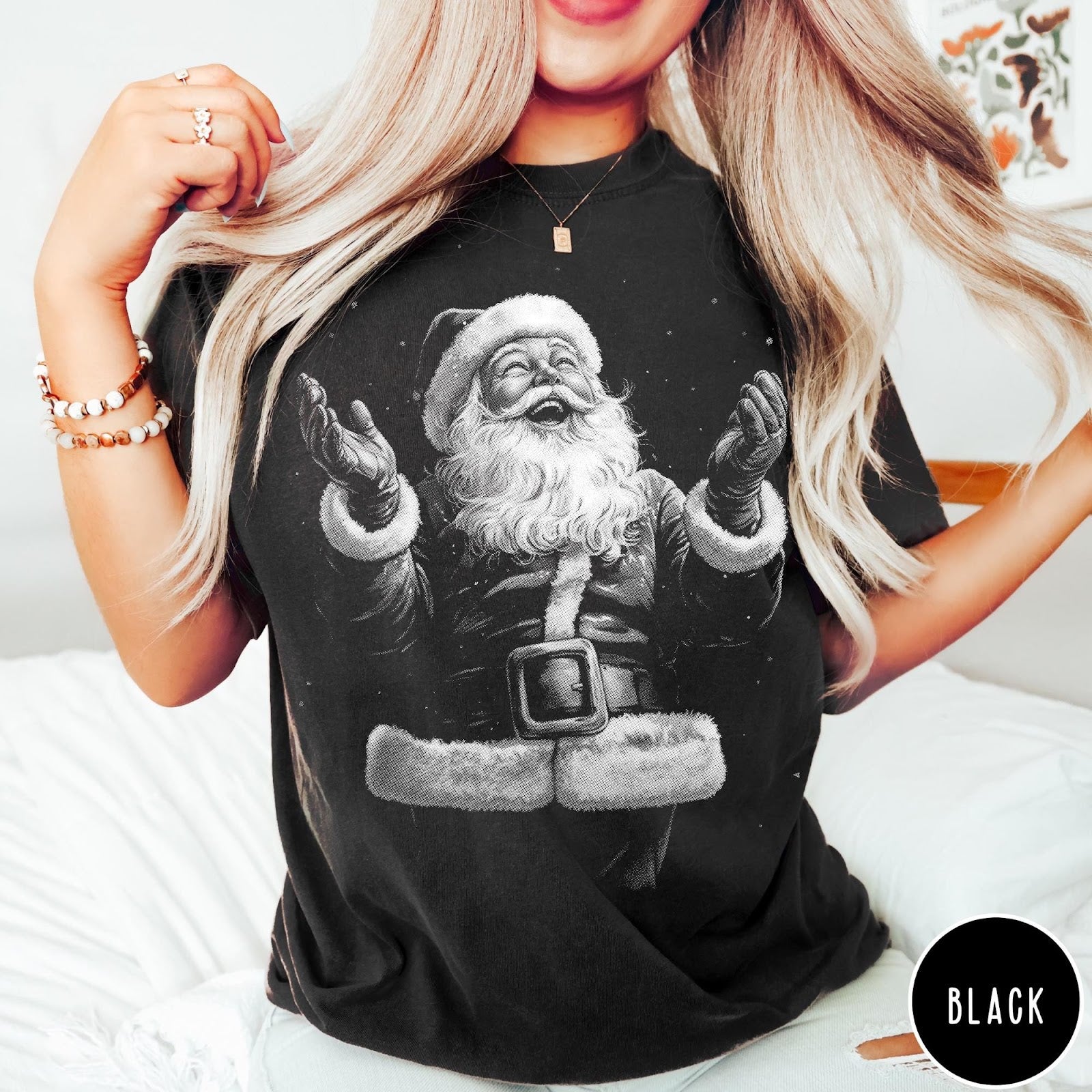 Comfort Colors tee in Black featuring vintage style graphic of a joyful Santa Claus with open arms