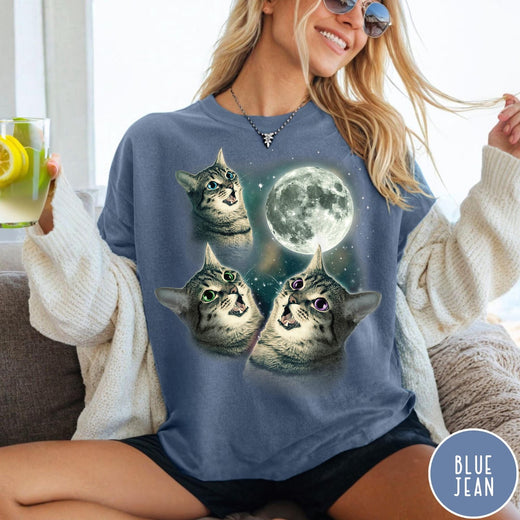 Comfort Colors tee in Blue Jean featuring retro style graphic of three cats looking up at the moon