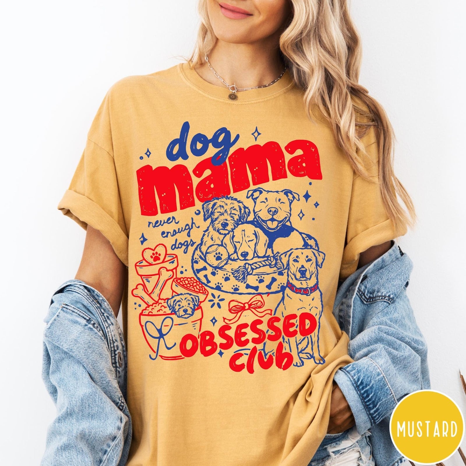 Comfort Colors tee in Mustard featuring dog mom design style with multiple dog breeds and accessories