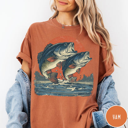 Comfort Colors tee in Yam featuring vintage style graphic of two bass fish jumping from water