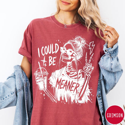 Comfort Colors tee in Crimson featuring skeleton graphic with sunglasses holding a drink and making peace sign