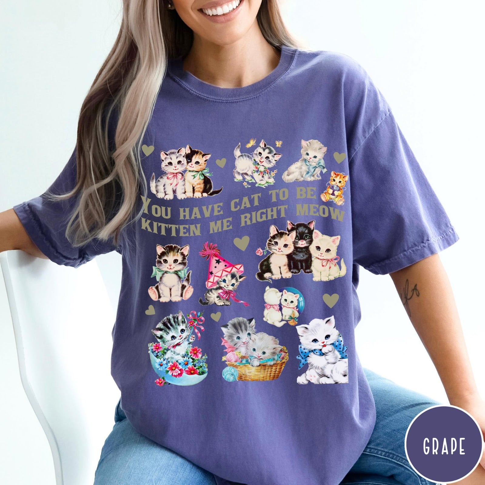 Comfort Colors tee in Grape featuring vintage style graphic with multiple kittens and text You Have Cat To Be Kitten Me Right Meow