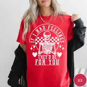 Comfort Colors tee in Red featuring skeleton graphic with checkered circle and If I Had Feelings text