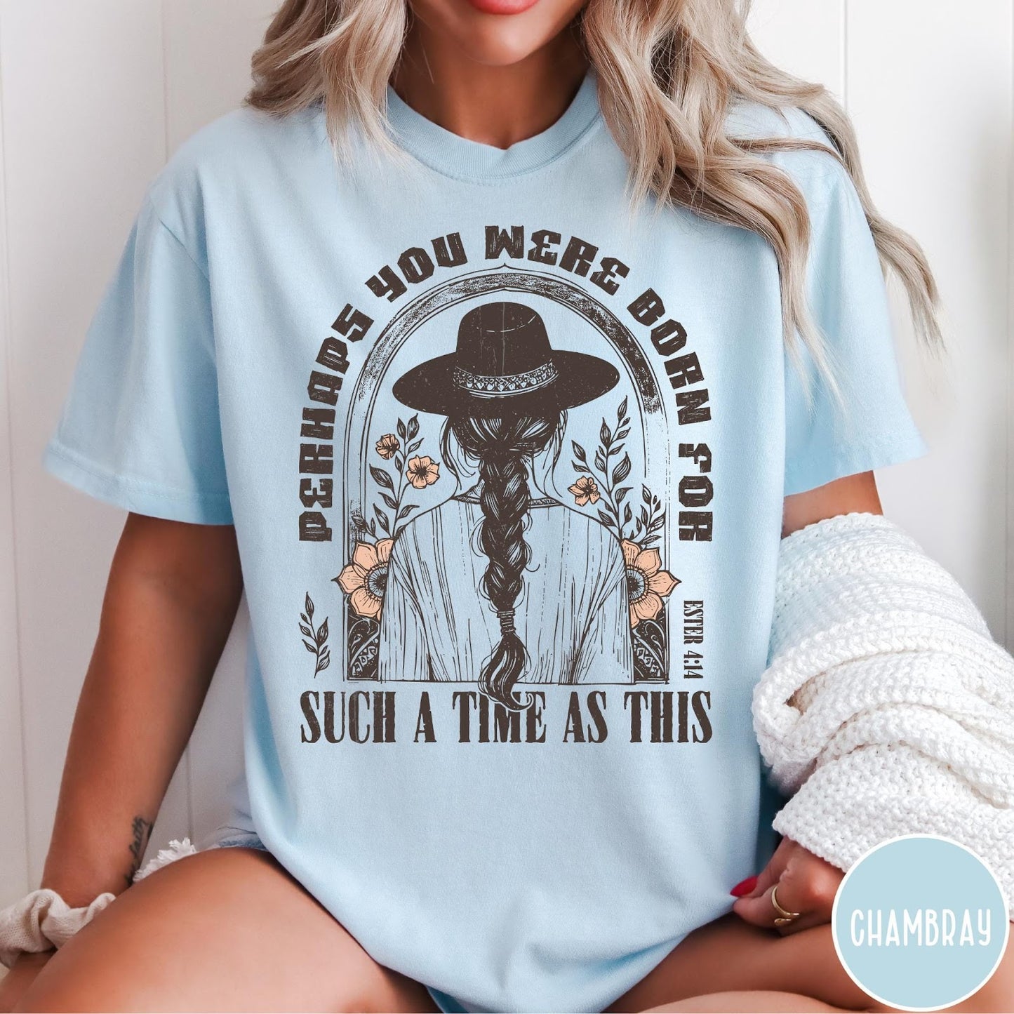 Comfort Colors tee in Chambray featuring boho style graphic of a woman in a hat with flowers