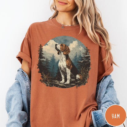 Comfort Colors tee in Yam featuring vintage style graphic of a beagle sitting in a forest