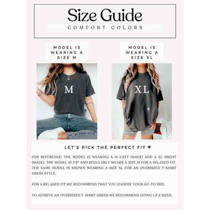 Comfort Colors tee size guide showing model wearing size M and XL for fit reference