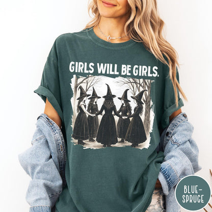 Comfort Colors tee in Blue Spruce featuring vintage style graphic of five witches holding hands in a circle