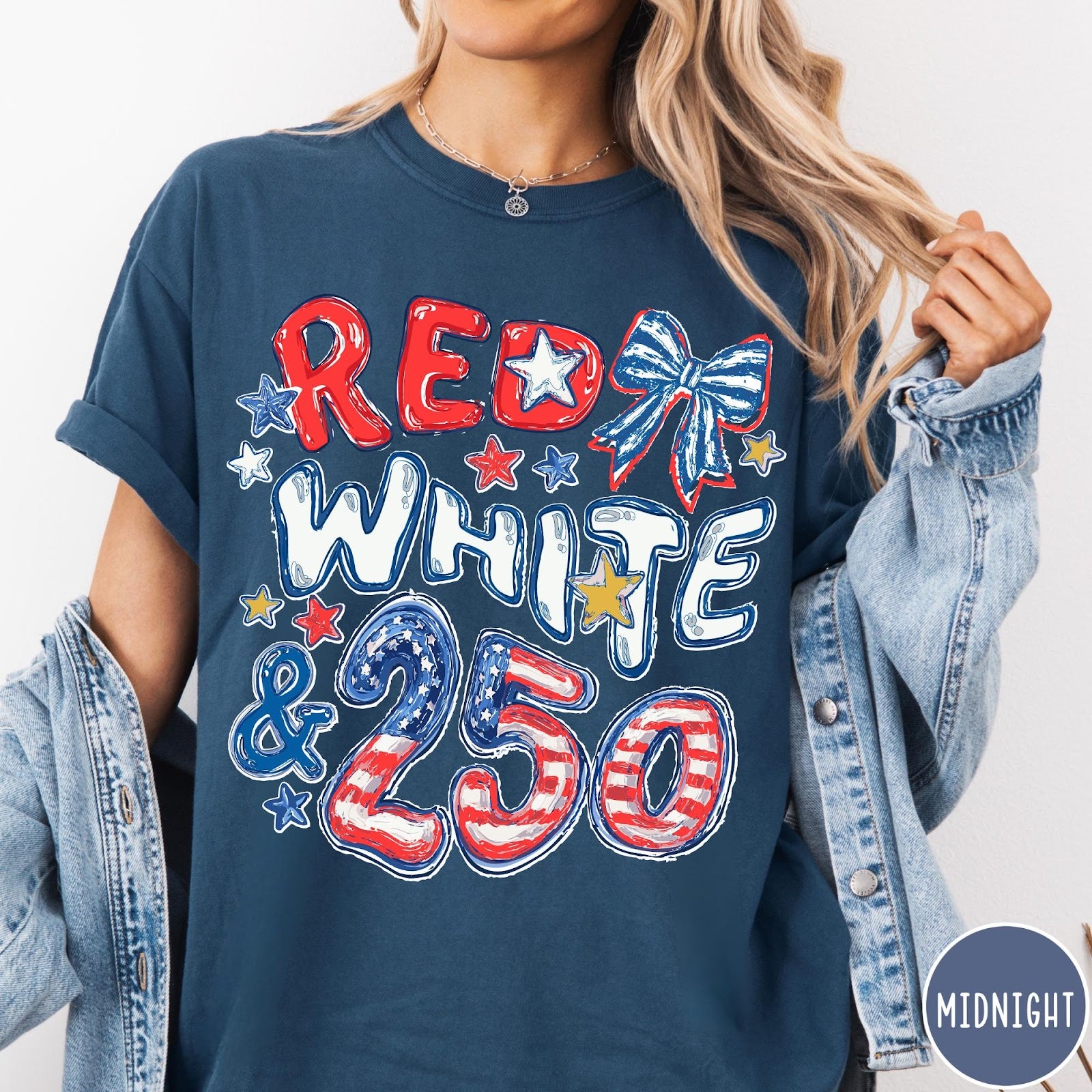 Comfort Colors tee in Midnight featuring patriotic 250th anniversary graphic with red white and blue stars