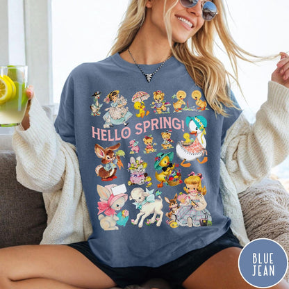 Comfort Colors tee in Blue Jean featuring vintage style graphic with spring animals and children illustrations