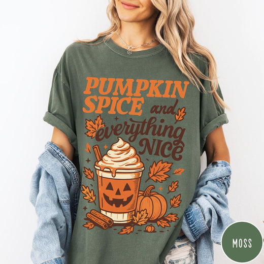 Comfort Colors tee in Moss featuring autumn design with pumpkin spice latte and fall leaves graphic