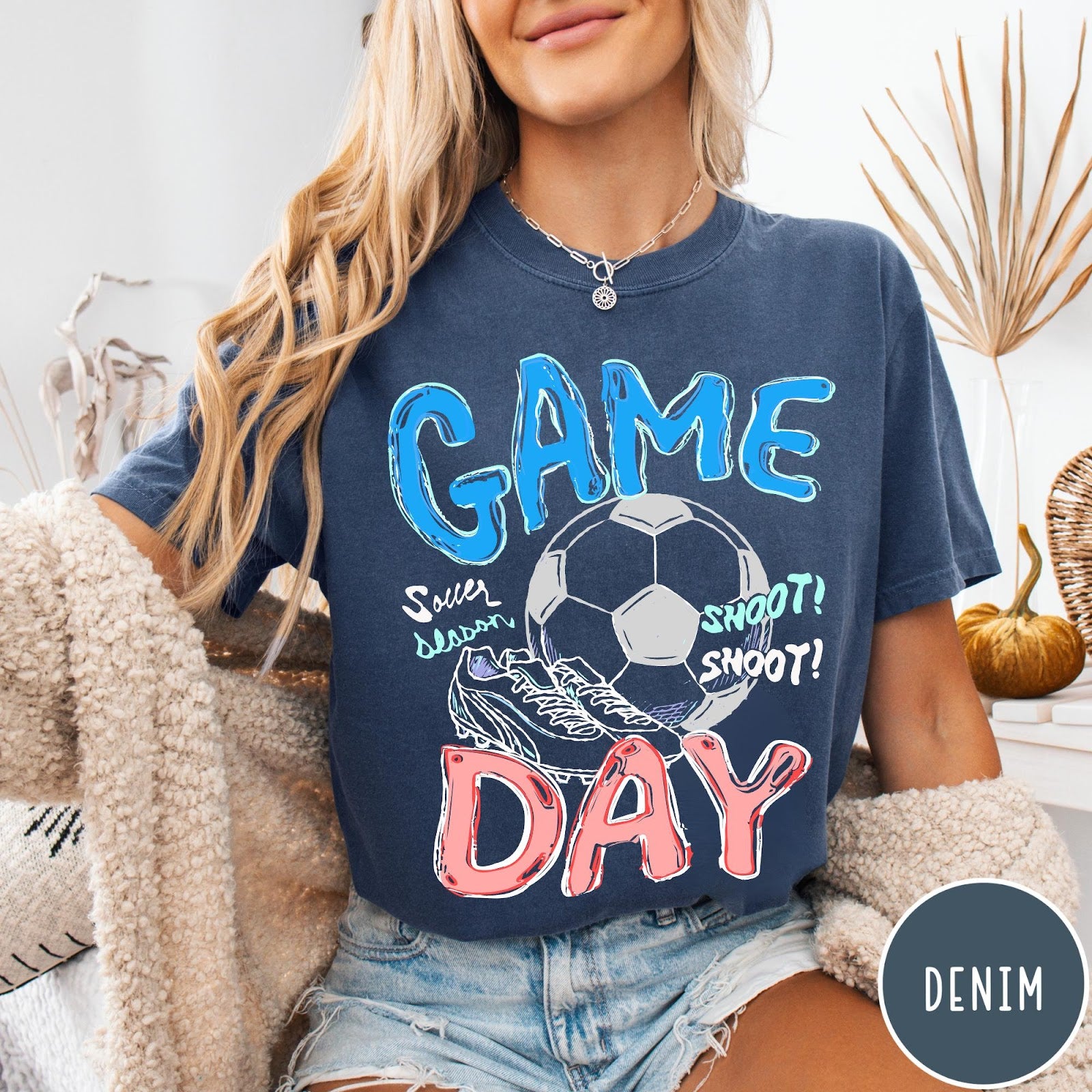 Comfort Colors tee in Denim featuring soccer graphic with a ball, cleats, and Game Day text