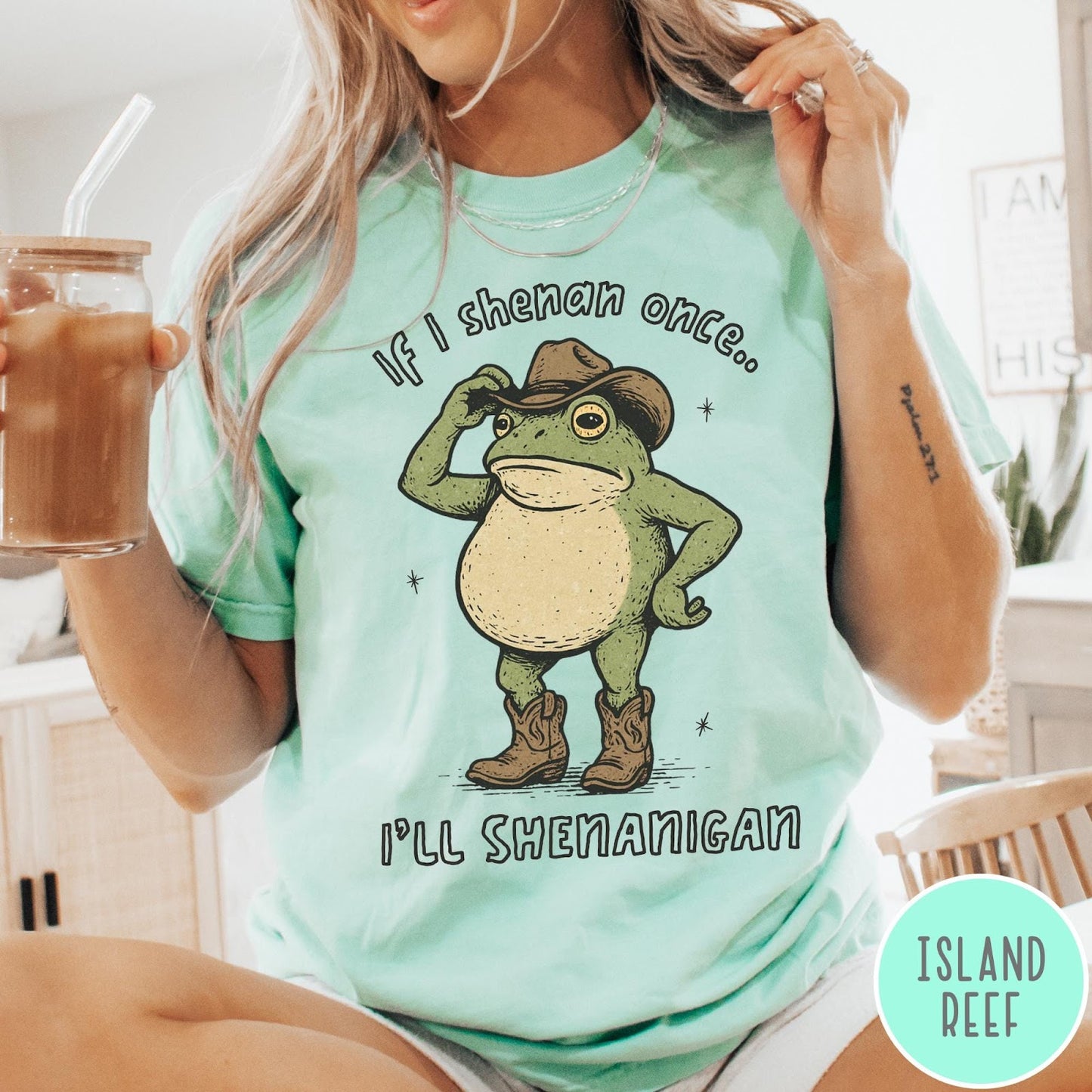 Comfort Colors tee in Island Reef featuring western style graphic of a frog wearing a cowboy hat and boots