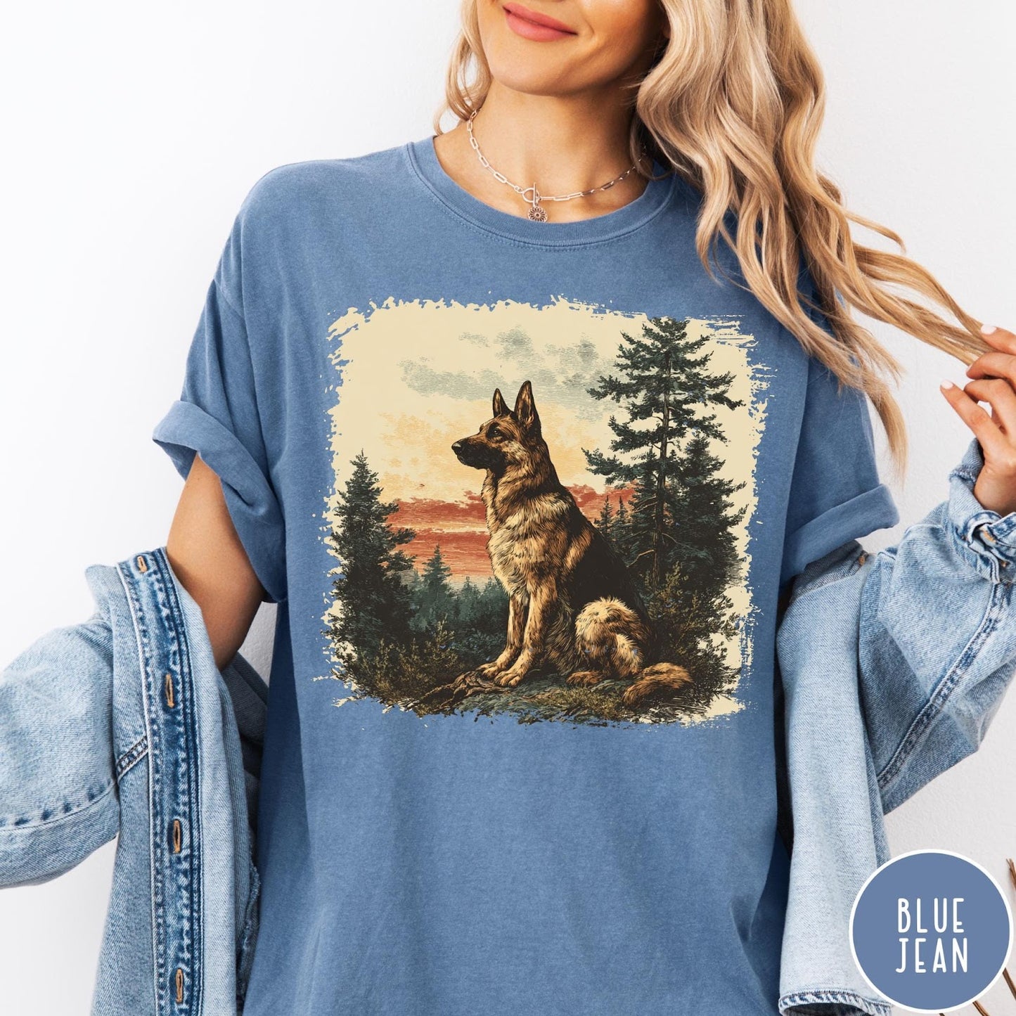 Comfort Colors tee in Blue Jean featuring vintage style graphic of a German Shepherd sitting in a forest