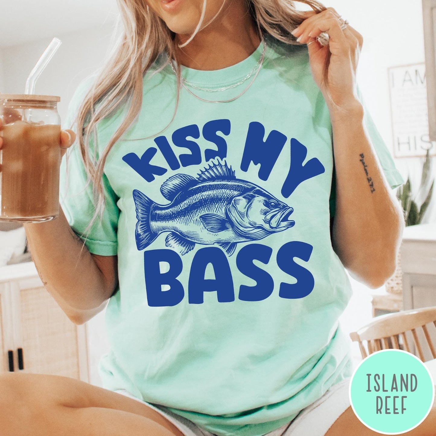 Comfort Colors tee in Island Reef featuring retro fishing style graphic with a bass fish and bold text